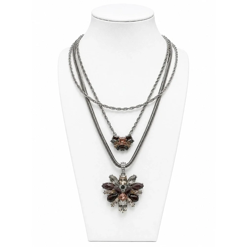 Vintage Silver Tone Triple Chain Rhinestone Floral Layered Statement Necklace